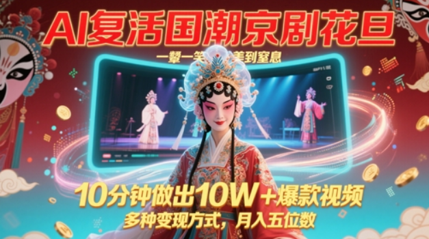 AI复活国潮京剧花旦，一颦一笑美到窒息，10分钟做出10W+爆款视频，多种变现方式，月入五位数-轻合创