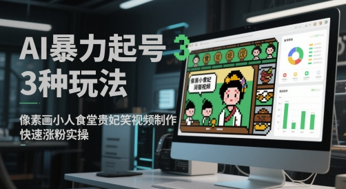 AI暴力起号3种玩法，像素画小人食堂贵妃搞笑视频制作，快速涨粉实操-轻合创