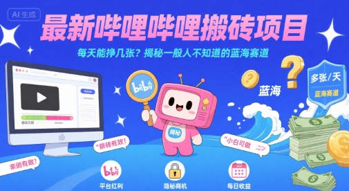 最新哔哩哔哩上B站搬砖项目，每天能挣几张？揭秘一般人不知道的蓝海赛道-轻合创