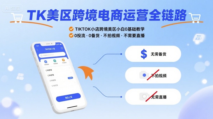 TK美区跨境电商运营全链路，TIKTOK小店跨境美区小白0基础教学，0投流0备货不拍视频不需要直播-轻合创