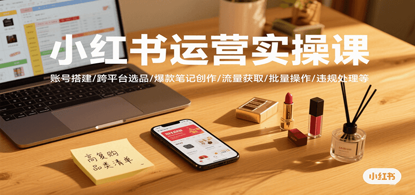 小红书运营实操课，账号搭建/跨平台选品/爆款笔记创作/流量获取/批量操作/违规处理等-轻合创