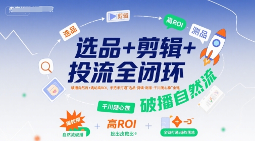选品+剪辑+投流全闭环，破播自然流+撬动高ROI，手把手打通“选品-剪辑-测品-千川随心推”全链-轻合创