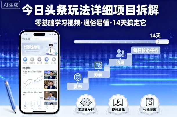 今日头条玩法详细项目拆解，零基础学习视频 通俗易懂 14天搞定它-轻合创