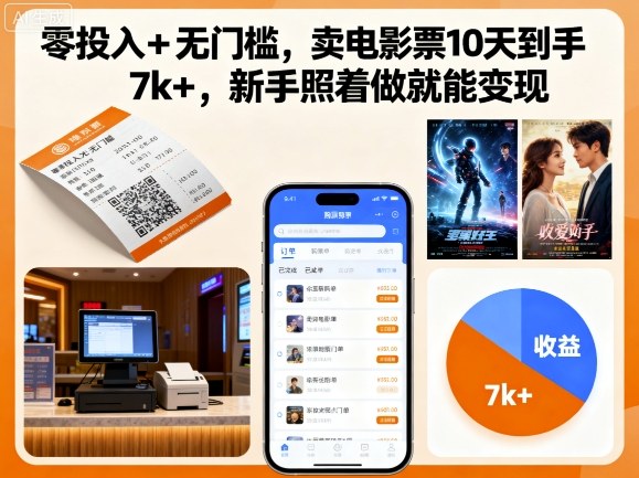 零投入+无门槛，卖电影票10天到手7k+，新手照着做就能变现【揭秘】-轻合创