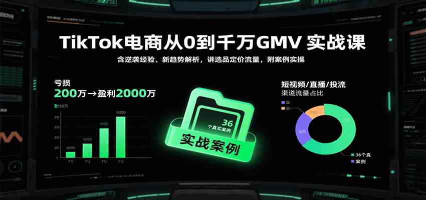 TikTok电商从0到千万GMV实战课，含逆袭经验、新趋势解析，讲选品定价流量，附案例实操-轻合创