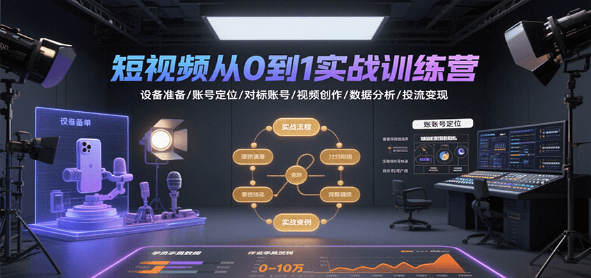 短视频从0到1实战训练营：设备准备/账号定位/对标账号/视频创作/数据分析/投流变现-轻合创