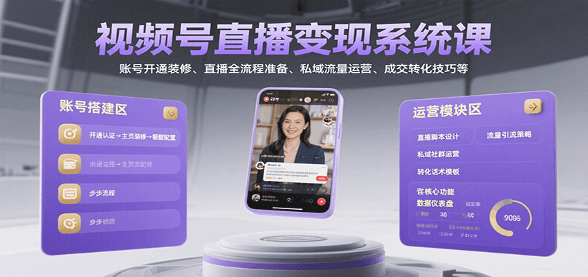 视频号直播变现系统课，账号开通装修、直播全流程准备、私域流量运营、成交转化技巧等-轻合创