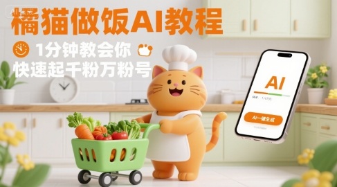 有趣的橘猫买菜做饭视频，用AI一键搞定，1分钟教会你，快速起千粉万粉号-轻合创