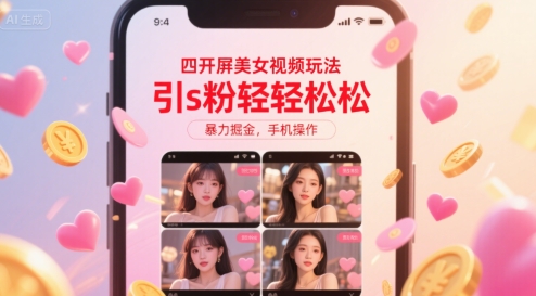 四开屏美女视频玩法，引s粉轻轻松松，暴力掘金，手机操作【揭秘】-轻合创