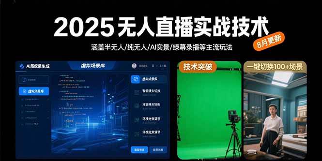 （15621期）2025无人直播实战技术-8月，涵盖半无人/纯无人/AI实景/绿幕录播等主流玩法-轻合创