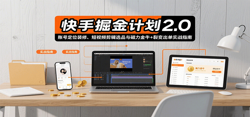 快手掘金计划2.0，账号定位装修、短视频剪辑选品与磁力金牛+裂变出单实战指南-轻合创