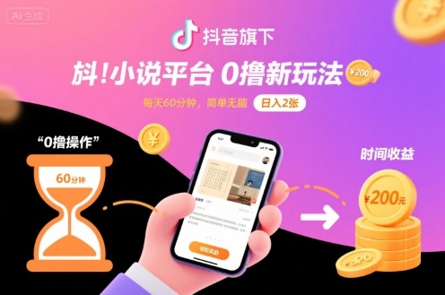 抖音旗下小说平台0撸新玩法，每天挂G60分钟，简单无脑，日入2张【揭秘】-轻合创