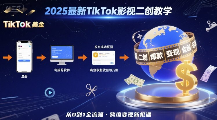 2025年最新TikTok影视二创教学，从注册到发布撸美金全流程，跨境变现新机遇-轻合创