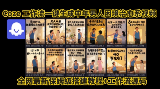 coze工作流一键生成”中年男人困境扎心高涨粉高播放量图文视频”保姆级拆解教程，无需剪辑，无需拍摄写文案-轻合创
