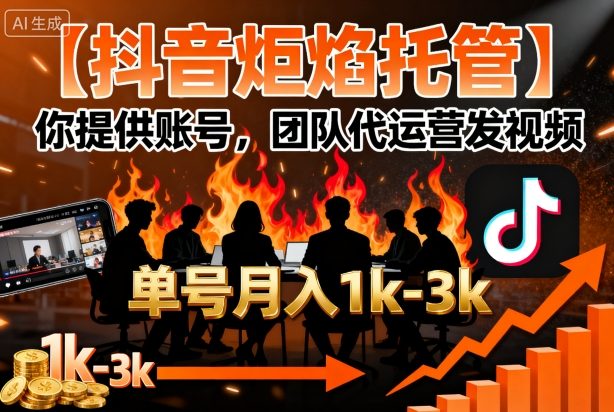 【抖音炬焰托管】你提供账号，团队代运营发视频，单号月入1k+【揭秘】-轻合创