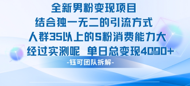 全新男粉变现项目引流人群35以上的男粉消费能力大 经过实测单日变现1k+-轻合创