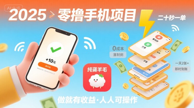 2025年零撸手机项目，二十秒一单，纯薅羊毛 一天2张+做就有-轻合创