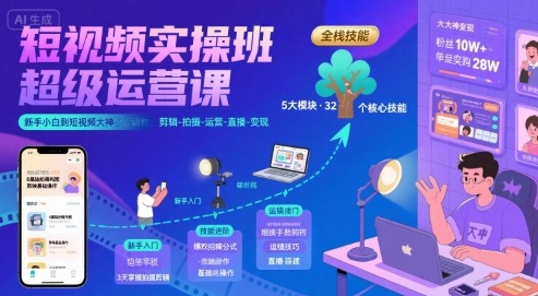短视频实操班超级运营课，新手小白到短视频大神必修课程，剪辑-拍摄-运营-直播-变现-轻合创