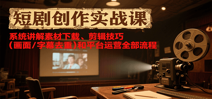 短剧创作实战课，系统讲解素材下载、剪辑技巧（画面/字幕去重）和平台运营全部流程-轻合创