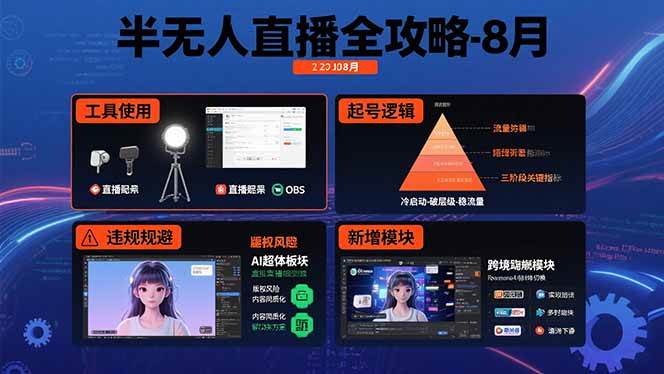 （15669期）半无人直播全攻略-8月：工具使用+起号逻辑+违规规避,新增AI超体与跨境模块-轻合创