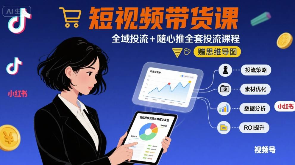 最新短视频带货课，全域投流+随心推全套投流课程+思维导图-轻合创