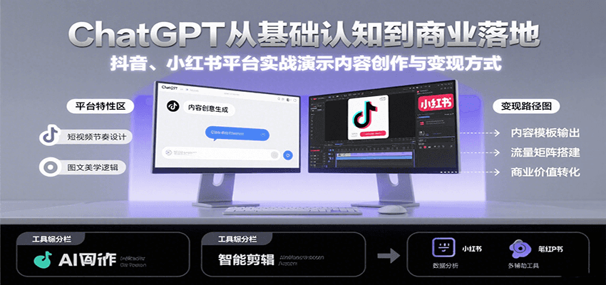 ChatGPT从基础认知到商业落地，实战演示抖音、小红书等平台的内容创作与变现-轻合创