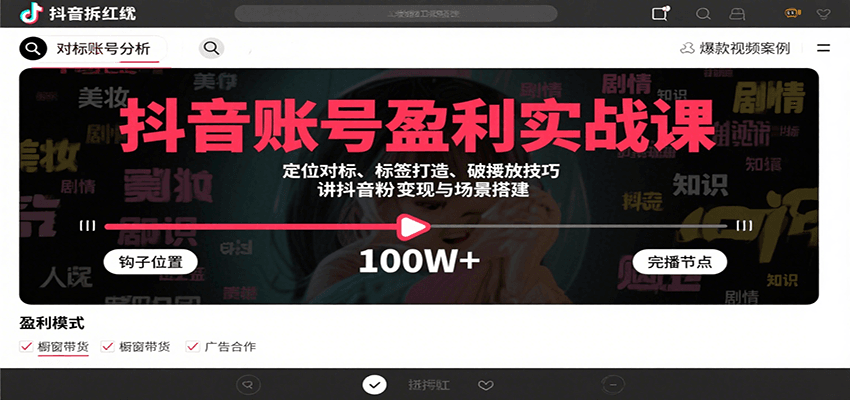 抖音账号盈利实战课，定位对标、标签打造、破播放技巧，讲涨粉变现与场景搭建-轻合创