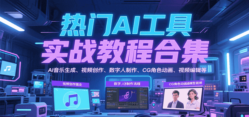 热门AI工具实战教程合集，AI音乐生成、视频创作、数字人制作、CG角色动画、视频编辑等-轻合创