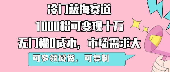 冷门蓝海赛道，1000粉可变现十W，无门槛0成本，市场需求大，可多领域做，可复制性强-轻合创