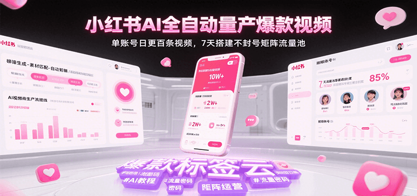 小红书AI全自动量产爆款视频，单账号日更百条视频，7天搭建不封号矩阵流量池-轻合创