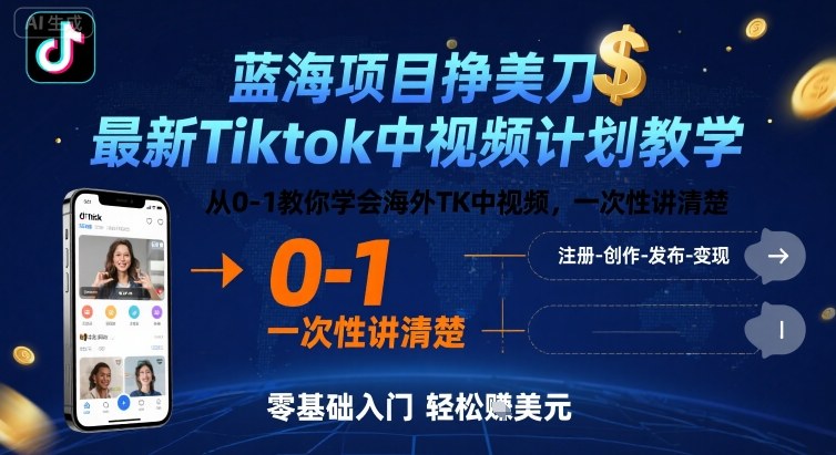 蓝海项目挣美刀，最新Tiktok中视频计划教学，从0-1教你学会海外TK中视频，一次性讲清楚-轻合创