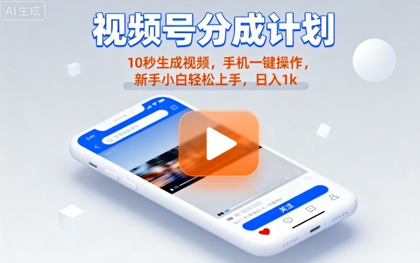 视频号分成计划懒人玩法，10秒生成视频，手机一键操作，新手小白轻松上手，日入1K【揭秘】-轻合创