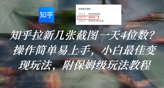 知乎拉新几张截图一天4位数？操作简单易上手，小白最佳变现玩法，附保姆级玩法教程-轻合创