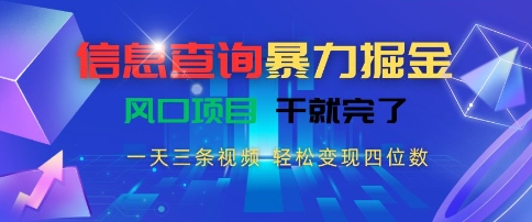 信息查询暴力掘金，一天三条视频，轻松变现四位数，风口项目干就完了【揭秘】-轻合创