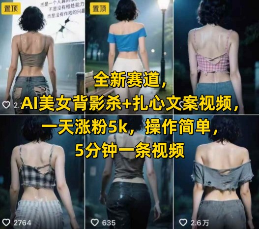 全新赛道，AI美女背影杀+扎心文案视频，一天涨粉5k，操作简单，5分钟一条视频-轻合创