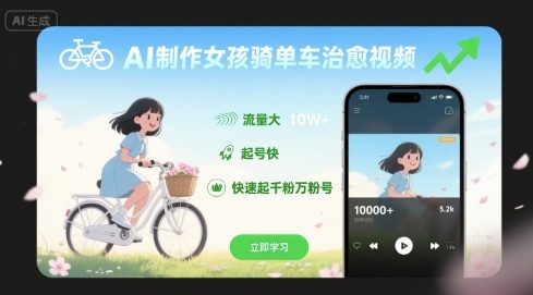 AI制作女孩骑单车治愈视频，流量大，起号快，快速起千粉万粉号-轻合创