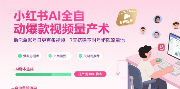 小红书AI全自动爆款视频量产术，助你单账号日更百条视频，7天搭建不封号矩阵流量池-轻合创