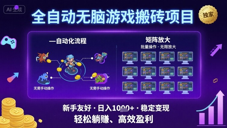 全自动无脑游戏搬砖项目，独家玩法，可批量矩阵无限放大，新手也能轻松日入1k+【揭秘】-轻合创