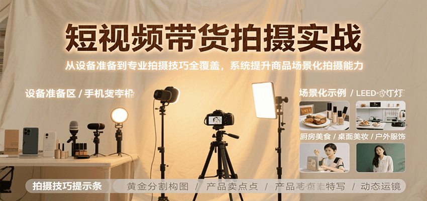 短视频带货拍摄实战，从设备准备到专业拍摄技巧全覆盖，系统提升商品场景化拍摄能力-轻合创