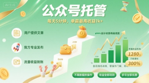 【公众号托管 】我提供文章，你发布，每天5分钟，单篇最高收益1k+【揭秘】-轻合创
