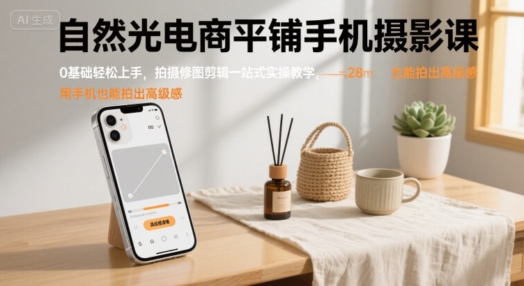 自然光电商平铺手机摄影课，0基础轻松上手，拍摄修图剪辑一站式实操教学，用手机也能拍出高级感-轻合创