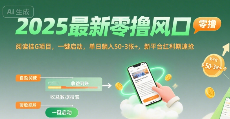 2025最新零撸风口，阅读挂G项目，一键启动，单日躺入 50-3张+，新平台红利期速抢【揭秘】-轻合创