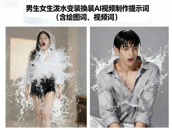 男生女生泼水变装换装AI视频制作提示词(含绘图词、视频词)-轻合创