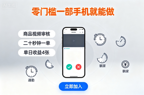 零门槛一部手机就能做，商品视频审核，通勤躺家碎片时间都能做，二十秒钟一单，单日收益4张【揭秘】-轻合创